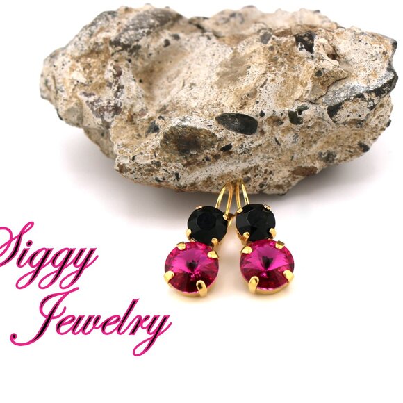 Fuchsia and Jet Black Crystal Earrings in Gold Plated Lever Back Settings - Picture 5 of 7